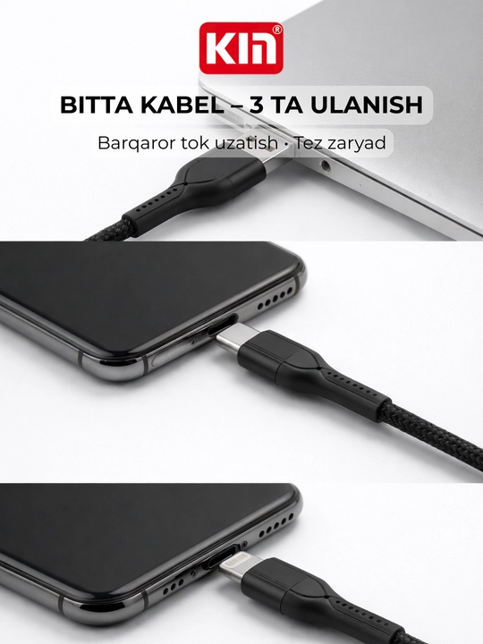 Кабель KIN K-S08 3в1 Lightning/Type-C/Micro USB, 120 см, 2.4A, нейлоновая оплётка
