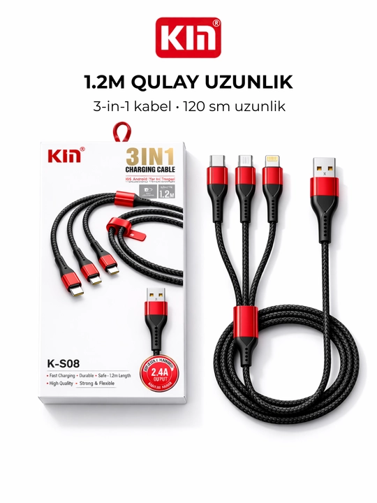 Кабель KIN K-S08 3в1 Lightning/Type-C/Micro USB, 120 см, 2.4A, нейлоновая оплётка