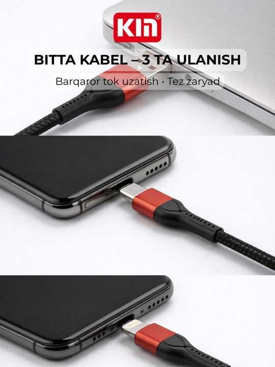 Кабель KIN K-S08 3в1 Lightning/Type-C/Micro USB, 120 см, 2.4A, нейлоновая оплётка