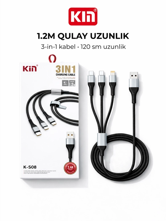 Кабель KIN K-S08 3в1 Lightning/Type-C/Micro USB, 120 см, 2.4A, нейлоновая оплётка