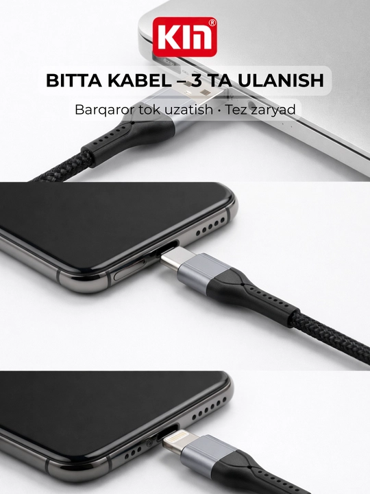 Кабель KIN K-S08 3в1 Lightning/Type-C/Micro USB, 120 см, 2.4A, нейлоновая оплётка