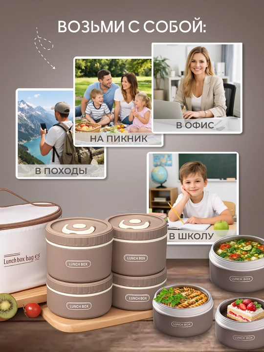 Термос для еды, ланч-бокс для сохранения тепла, с термосумкой
