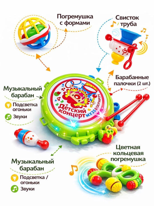 Набор игрушек для детей до 3 лет , погремушка, барабан