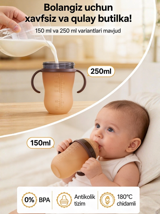 Bolalar uchun tutqichli silikon butilka, antikolikol, 150 ml / 250 ml, BPA Free - 