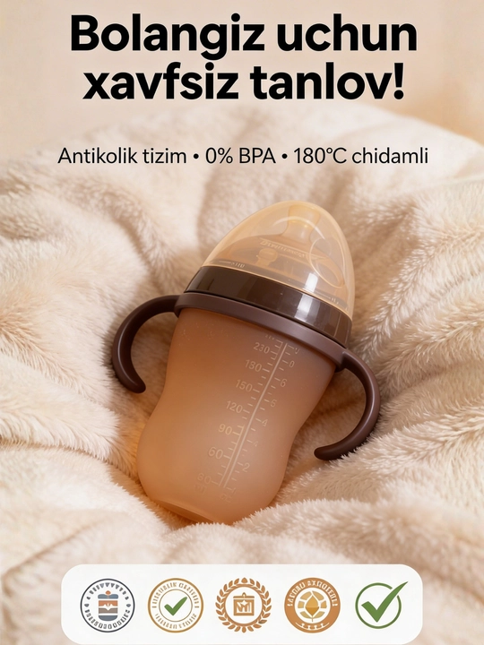 Bolalar uchun tutqichli silikon butilka, antikolikol, 150 ml / 250 ml, BPA Free