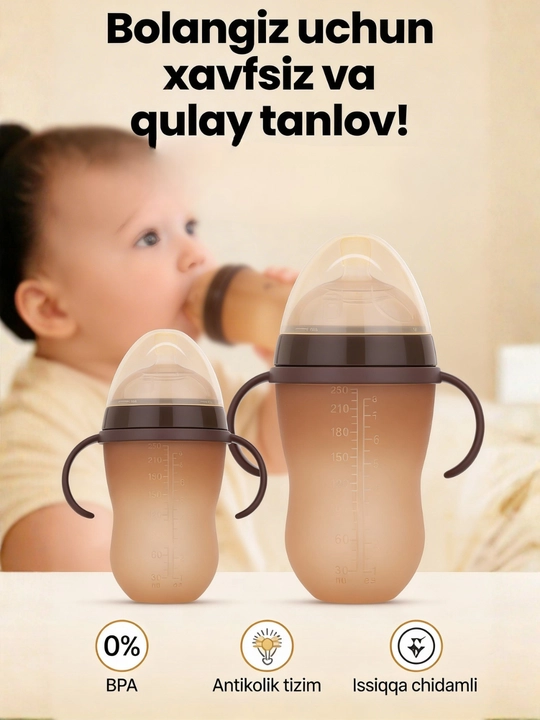 Bolalar uchun tutqichli silikon butilka, antikolikol, 150 ml / 250 ml, BPA Free