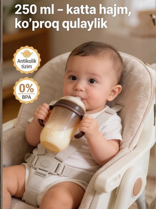 Bolalar uchun tutqichli silikon butilka, antikolikol, 150 ml / 250 ml, BPA Free