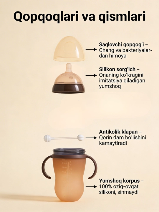 Bolalar uchun tutqichli silikon butilka, antikolikol, 150 ml / 250 ml, BPA Free
