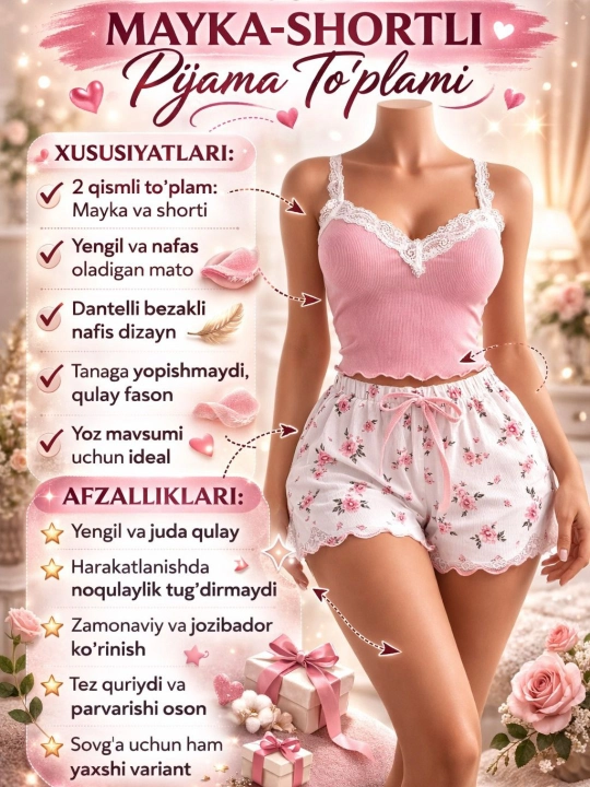 Ayollar pijamasi, yengil pijama, komplekt, uy kiyimi,
