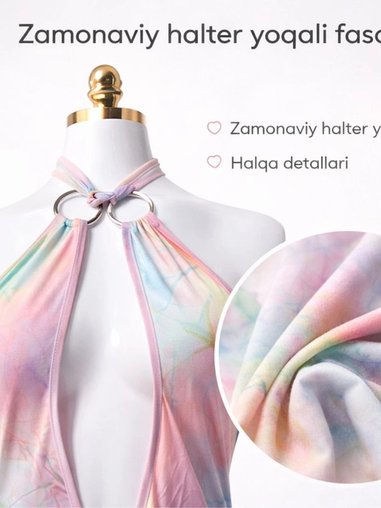 Ayollar uchun pastel rangli halter kombinezon – ochiq orqa, streych yozgi kechki libos