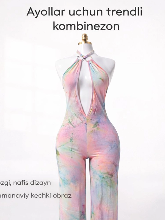 Ayollar uchun pastel rangli halter kombinezon – ochiq orqa, streych yozgi kechki libos