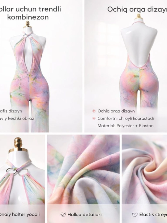 Ayollar uchun pastel rangli halter kombinezon – ochiq orqa, streych yozgi kechki libos