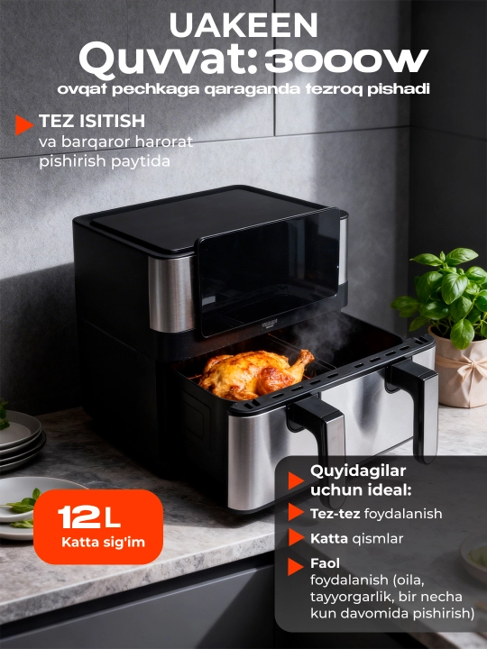 Smart aerogril, 2 TENli, yog'siz pishirish uchun multipech, 12 tasi 1,fritz, 10 va 12 litr