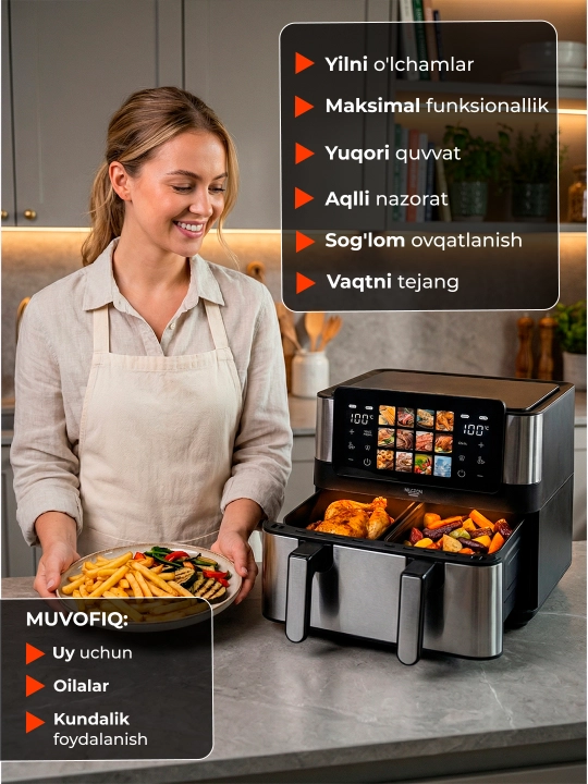 Smart aerogril, 2 TENli, yog'siz pishirish uchun multipech, 12 tasi 1,fritz, 10 va 12 litr