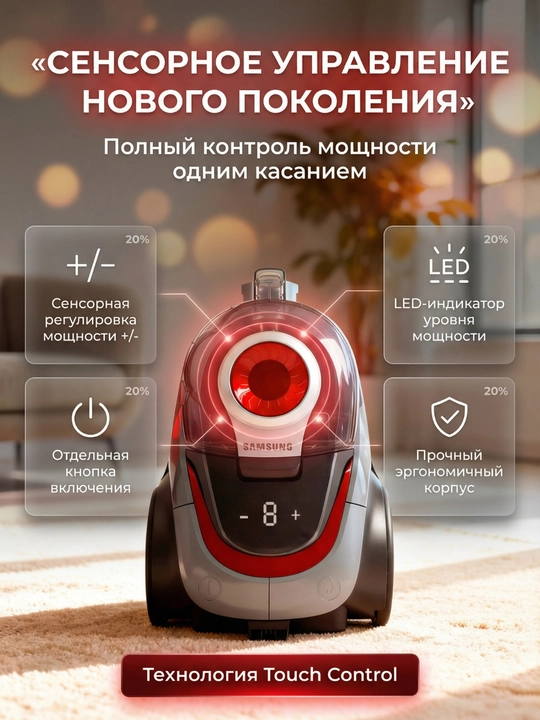 Пылесос Samsung мощный 3600W, инновационный циклонный, телескопической трубой, HEPA фильтр