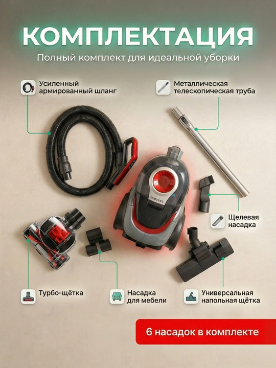 Пылесос Samsung мощный 3600W, инновационный циклонный, телескопической трубой, HEPA фильтр