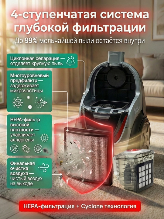Пылесос Samsung мощный 3600W, инновационный циклонный, телескопической трубой, HEPA фильтр