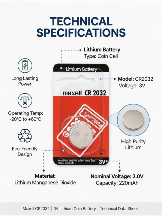 Maxell CR2032 batareyasi (3V), uzoq muddatli quvvat