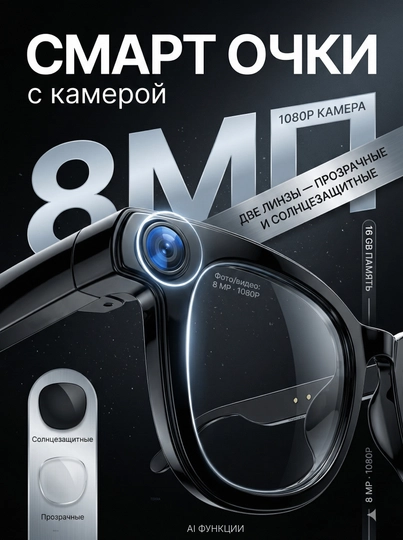 Смарт очки с камерой — 1080P · 8 MP, AI функции, CY01, умные очки
