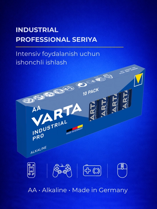 Batareykalar VARTA Industrial PRO AA (LR6) ishqoriy — o'yinchoq, pult, fonar - 