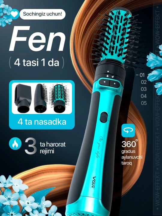 Professional VGR V-487, 495, 498 cho‘tkali fen-taroq, 360° aylanuvchi, keramik qoplamali