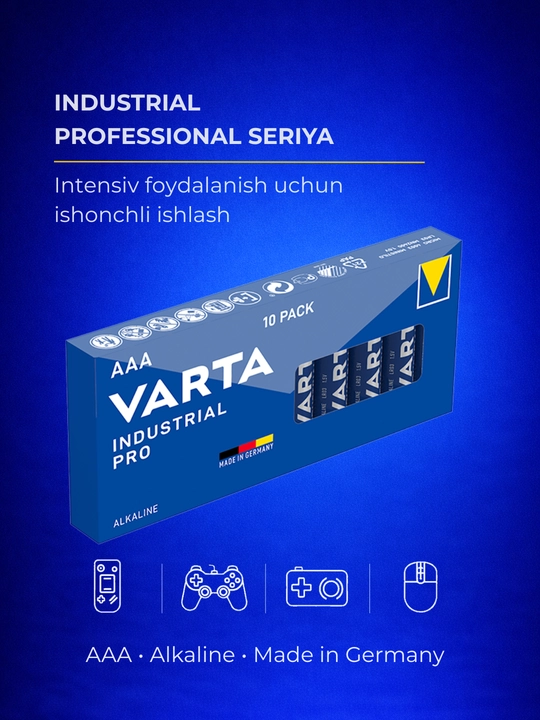 Batareykalar VARTA Industrial PRO AAA (LR03) — o'yinchoq, pult, mishka - 