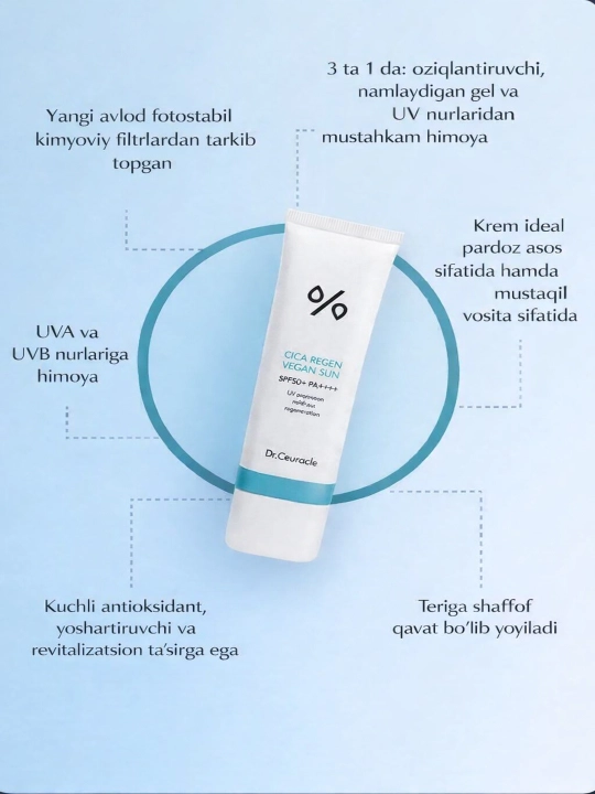 Quyoshdan himoya qiluvchi vegan krem centella Dr.Ceuracle Cica Regen Vegan Sun SPF 50+ PA+