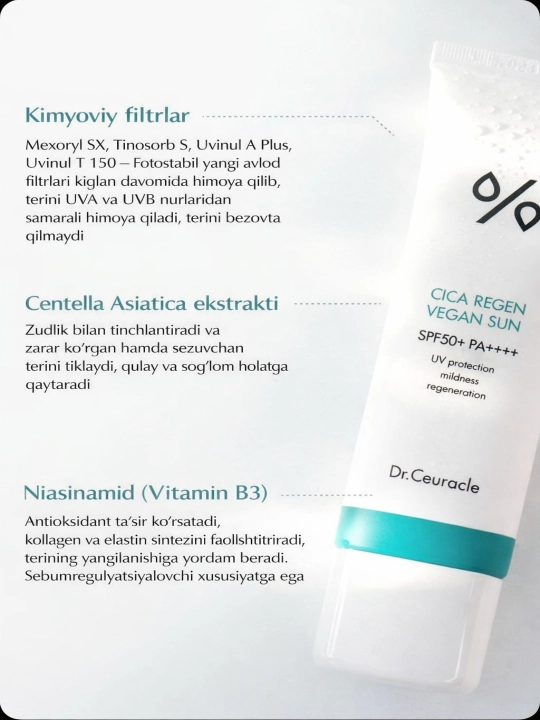Quyoshdan himoya qiluvchi vegan krem centella Dr.Ceuracle Cica Regen Vegan Sun SPF 50+ PA+