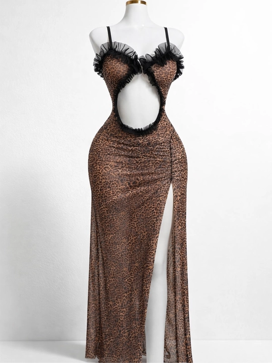 Ayollar uchun leopard print shaffof tungi ko‘ylak – elastik streych, maxi pinyuar - 
