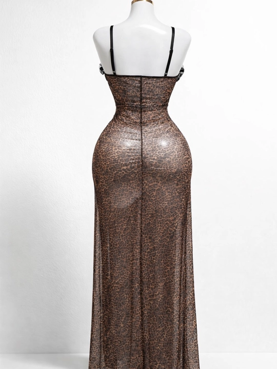 Ayollar uchun leopard print shaffof tungi ko‘ylak – elastik streych, maxi pinyuar