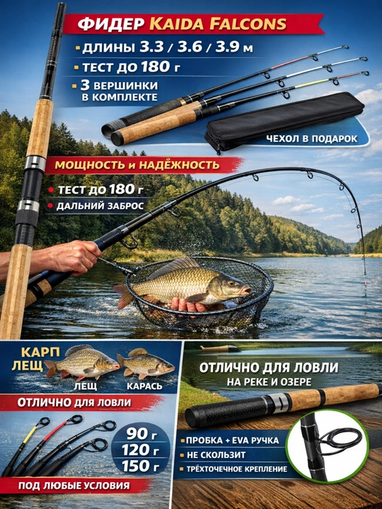 Фидерное удилище Kaida карбон тест до 180 г сменные вершинки длины 3.3–3.9 м