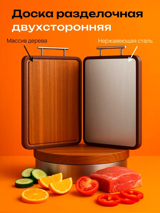 Доска разделочная, двухсторонняя, деревянная и стальная