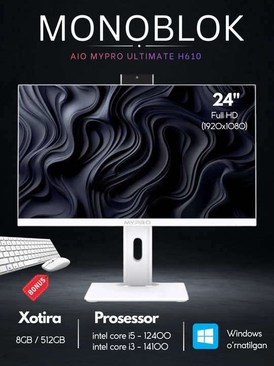 Monoblok AIO MYPRO ULTIMATE H610,FHD,IPS/i5 12400/DDR4 8GB/SSD 512/ klaviat va sichq bonus - 