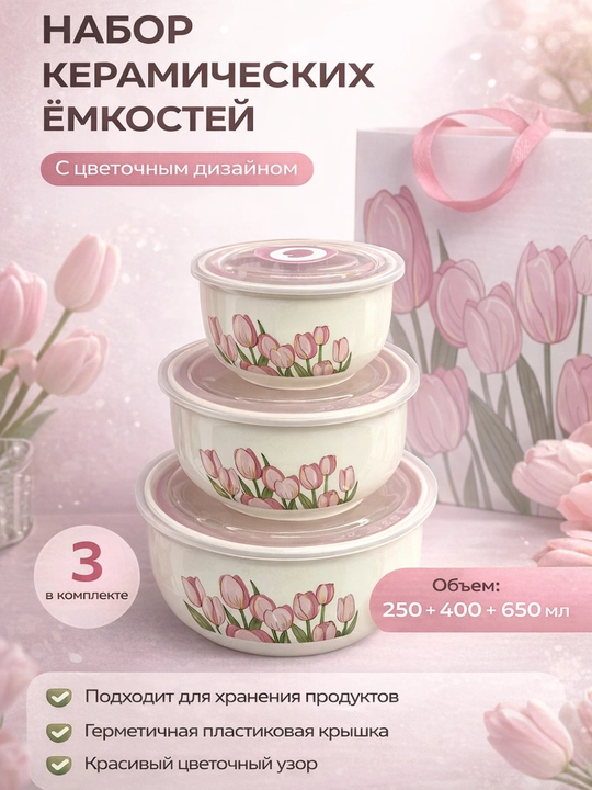 Набор керамических контейнеров, для хранения продуктов, с цветочным дизайном, 3 шт - 