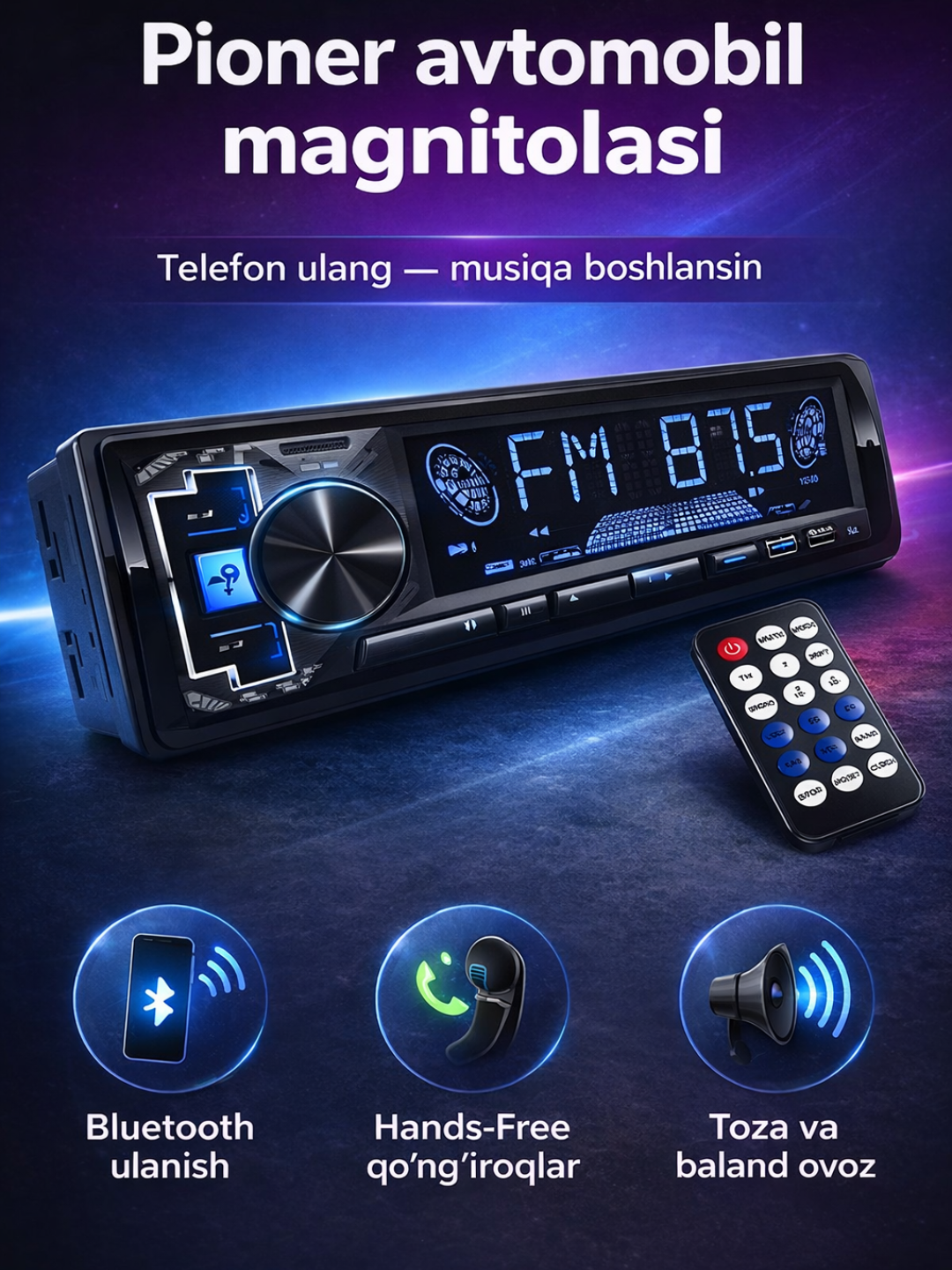 Avtomagnitafon Pioneer 2 pult Bluetooth, USB, AUX, FM radio magnitofon - 
