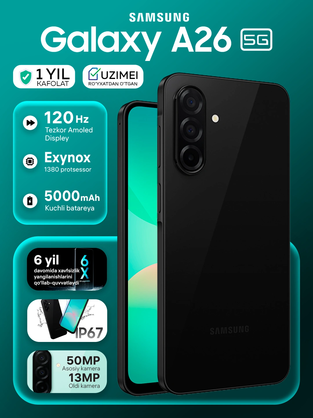 Смартфон Samsung Galaxy A26 5G, 8GB 256GB, Super AMOLED 120Hz 6.7", 5000 mAh, 50МП камера за 3049000 сум со скидкой 49%. Uzum Market
