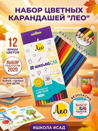 Карандаши цветные Лео Учись LSCP-12, 12 цветов, заточенные - 