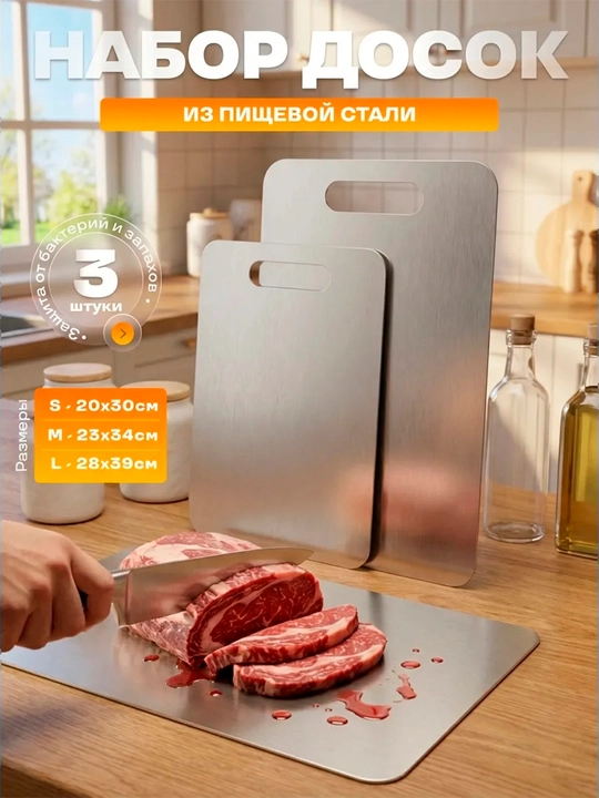 Доска разделочная из нержавеющей стали, набор 3 шт, S+M+L - 
