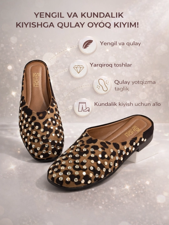 Ayollar uy shippagi, zamonaviy, toshli myul-tufli, 36-40