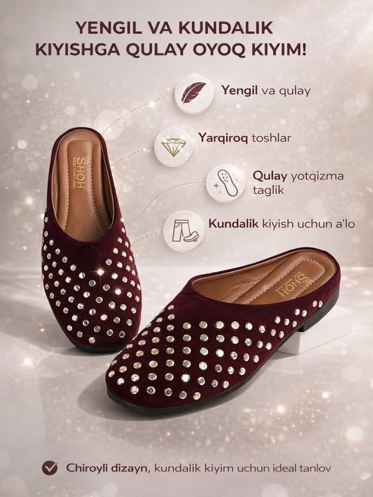 Ayollar uy shippagi, zamonaviy, toshli myul-tufli, 36-40