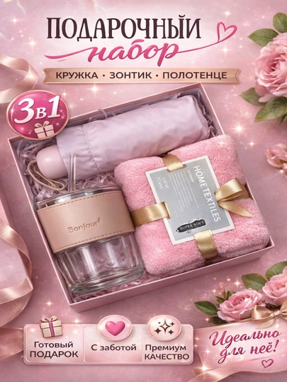 Подарочный набор с кружкой, зонтиком, полотенцем, 3 в 1