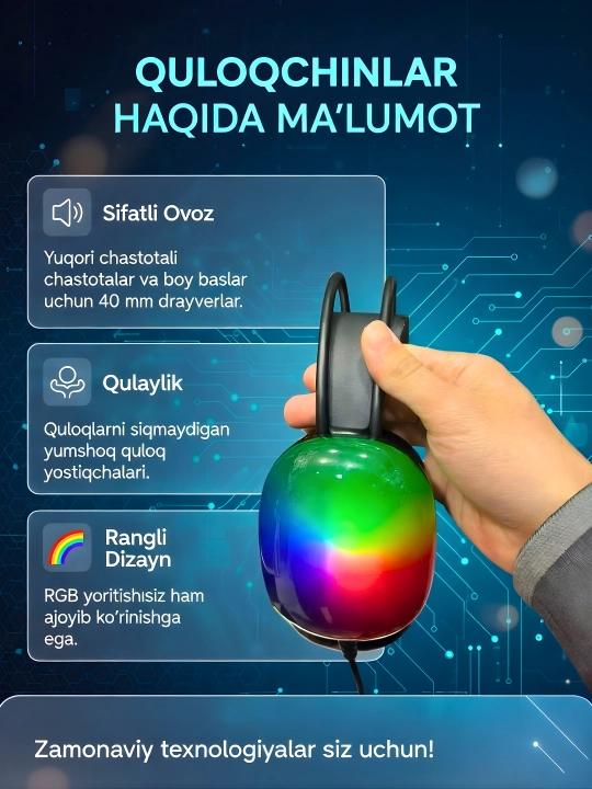 Gaming Naushnik RGB, Mikrofonli Professional O‘yin Quloqchini, Kuchli Bass