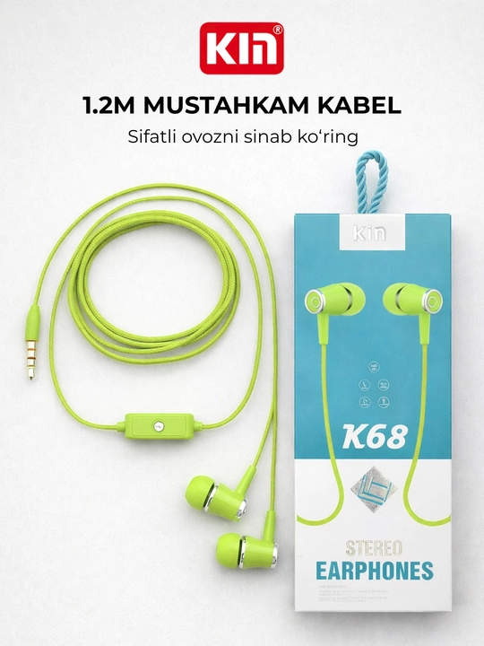 Simli quloqchin KIN K68 3.5mm 10mm drayver mikrofon bilan vakuum naushnik telefon