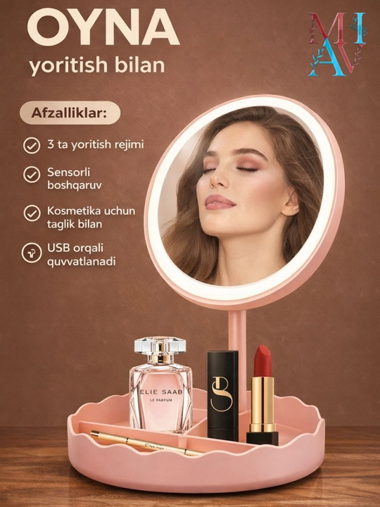 LED sensorli kosmetik oyna – 3 xil yoritish rejimi, sensorli boshqaruv va USB orqali