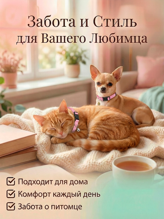 Ошейник для собак и кошек хлопковый с бубенчиком, обхват шеи 23–37 см, 1,5 см ширина