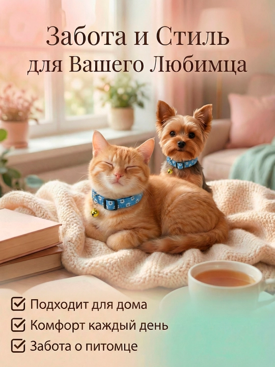 Ошейник для собак и кошек хлопковый с бубенчиком, обхват шеи 23–37 см, 1,5 см ширина
