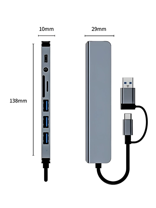 USB hub 3.0 Type-C, 8 ta port va kartrider bilan