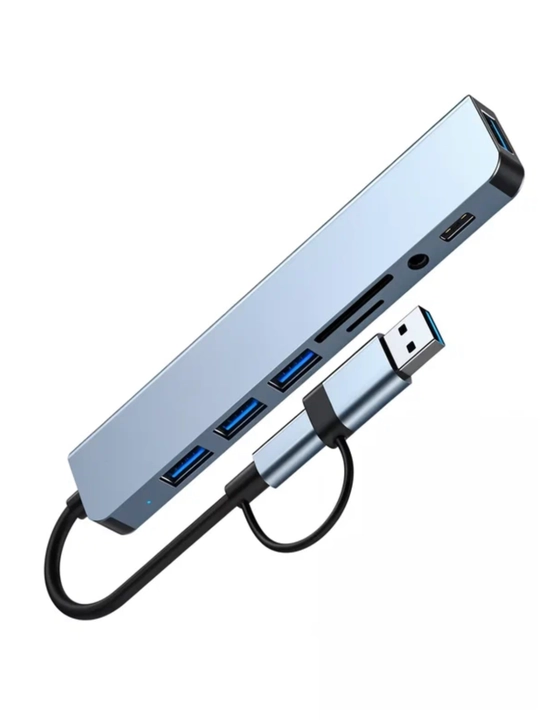 USB hub 3.0 Type-C, 8 ta port va kartrider bilan