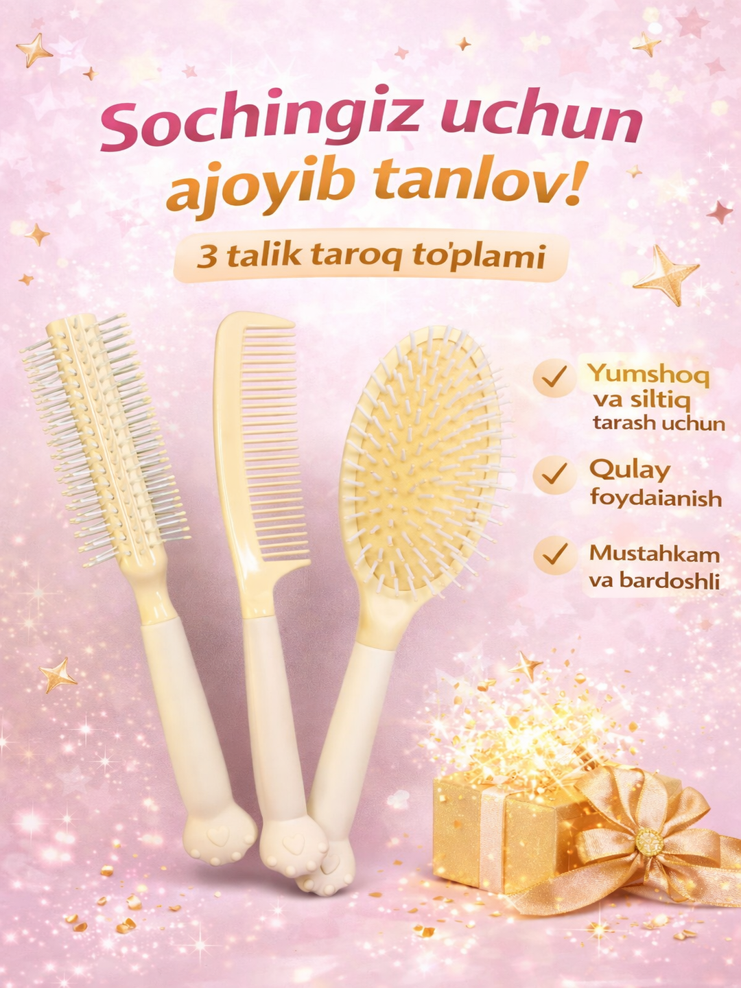 Qizlar taroq to'plami 3 dona | Massaj siyrak tez-tez tishli - 