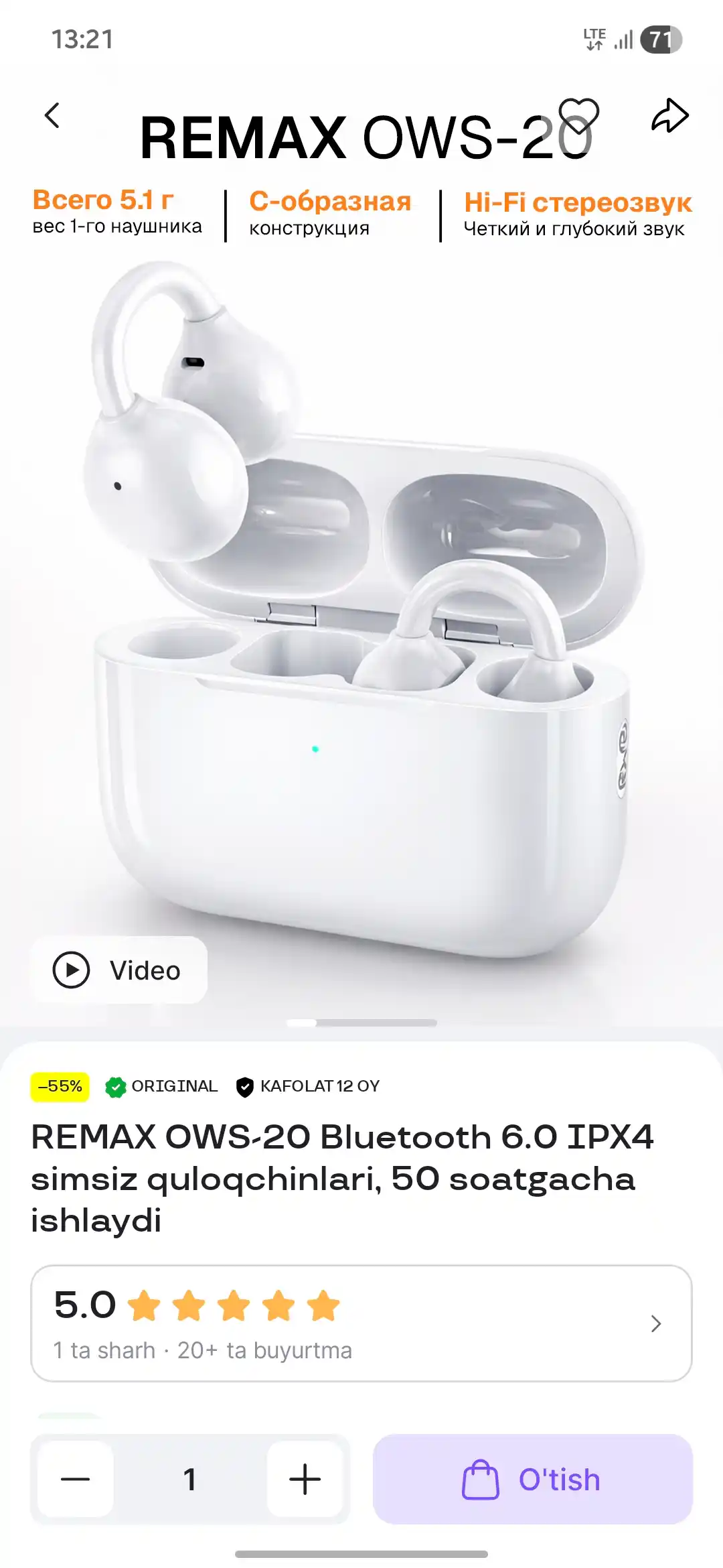 REMAX OWS-20 Bluetooth 6.0 IPX4 simsiz quloqchinlari, 50 soatgacha ishlaydi